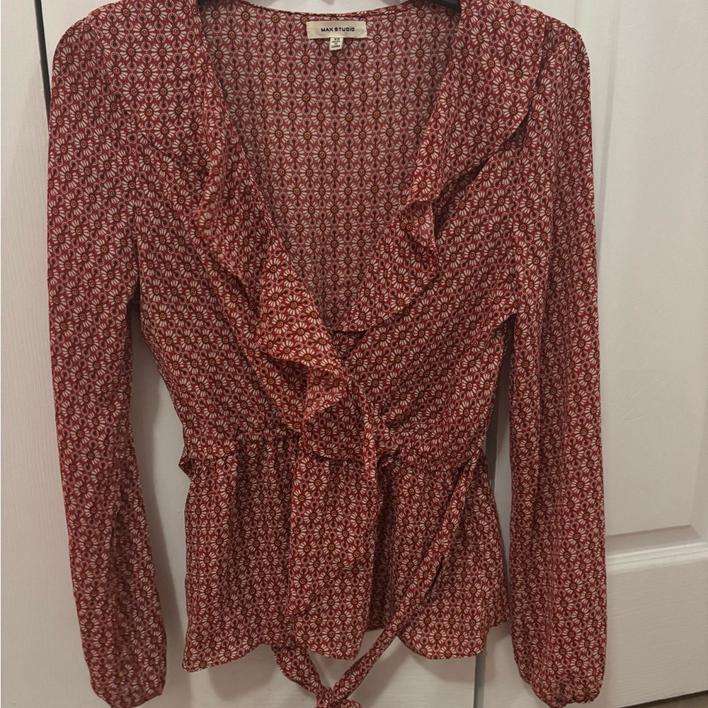 Max Studio Red Patterned Ruffle Blouse